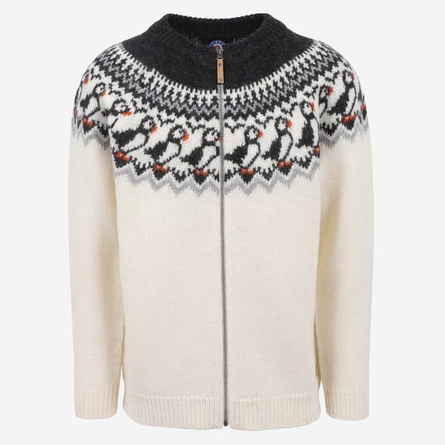 Lundi Puffin bird design zipped wool sweater