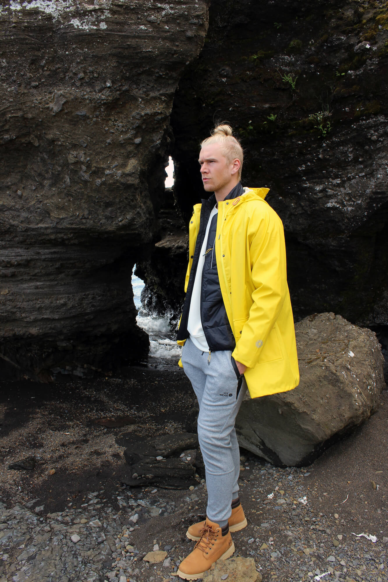 man iceland outdoor yellow rainjacket